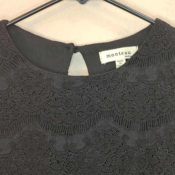 Monteau Womens Blouse Top Medium Black Floral Lace Crochet Short Sleeve Casual - Picture 8 of 12